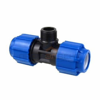 Тройник с переходом на наружную резьбу Политэк - 32 x 3/4" (винтовой, для труб ПНД)