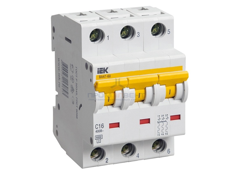 Автоматический выключатель ВА 47-60 3Р 16А 6 кА характеристика С ИЭК (автомат)